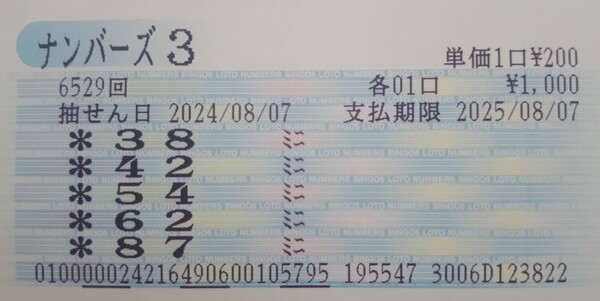 【ナンバーズ3】第6529回「862」を「62」ミニ当せん！奥野予想 2024年8月14日更新