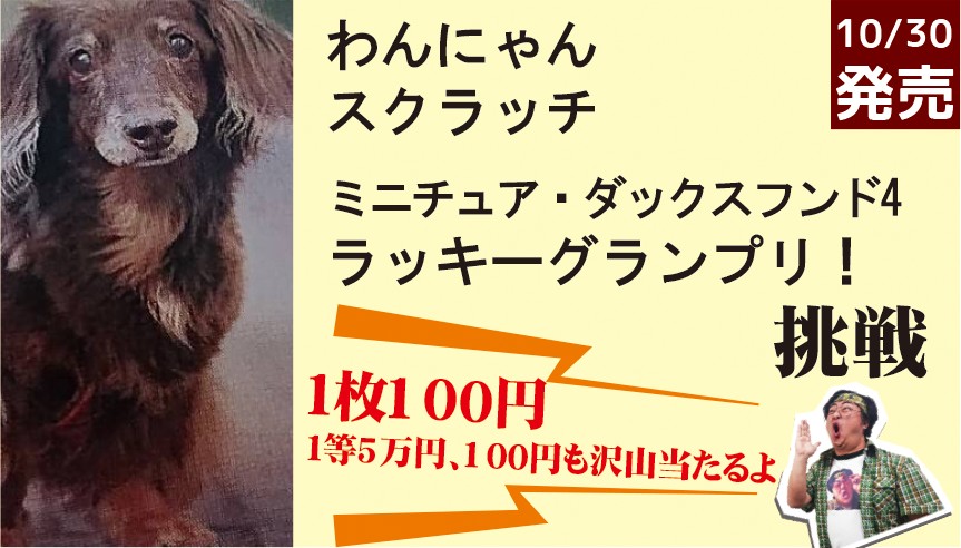 1枚100円で超お手軽＆当たりやすい!?「わんにゃんスクラッチ ミニチュア・ダックスフンド4 ラッキーグランプリ！」【180回】 | ロト・ナンバーズ  超的中法WEB